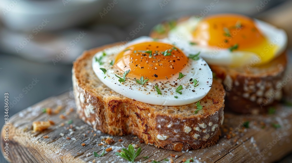 Close-up view of a toasted muffin with two soft-boiled eggs, butter melting on top, capturing the detail of the crumb and yolk Close-up view of a toasted muffin with two soft-boiled eggs, butter melting on top, capturing the detail of the crumb and yolk