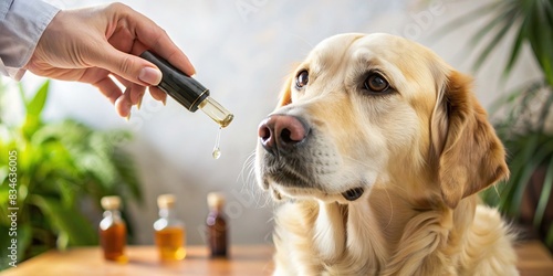 Stock photo of a dog taking essential oil from a dropper, pet, dog, essential oil, dropper, nutritional supplements, calming products, CBD oil, THC oil, wellness, natural photo