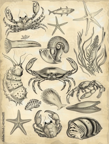 Hand-drawn elements of marine life, including crabs, starfish, and seaweed. © tantawat