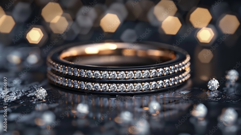 Close-up view of a black gold wedding band with diamonds, highlighting the luxurious design and brilliance, studio setup Close-up view of a black gold wedding band with diamonds, highlighting the luxurious design and brilliance, studio setup