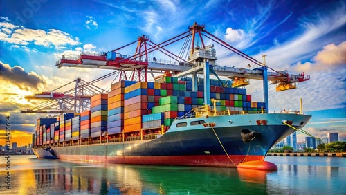 Side view of a large ship with colorful containers docked at the port , cargo ship, containers, logistics, transportation, industry, shipping, maritime, vessel, port, dock, storage, trade