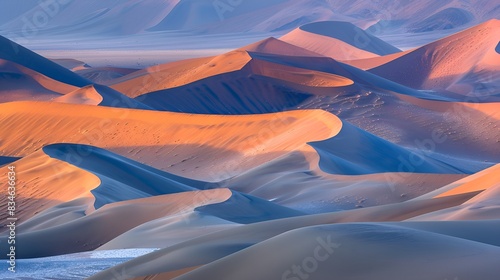 Sand dunes illuminated by warm sunlight creating a serene desert landscape at sunrise or sunset photo