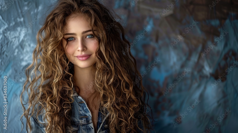 Naklejka premium A women with long, curly hair gazes seriously at the camera, wearing a denim shirt against a blue backdrop
