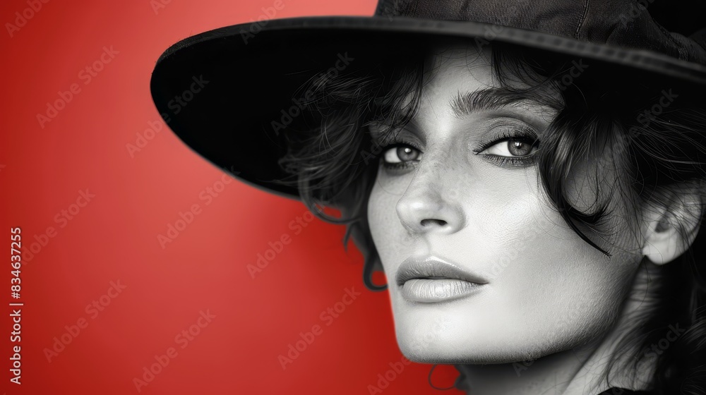 hair flying, black hat, red backdrop; attire - black hat, black shirt hair flying, black hat, red backdrop; attire - black hat, black shirt