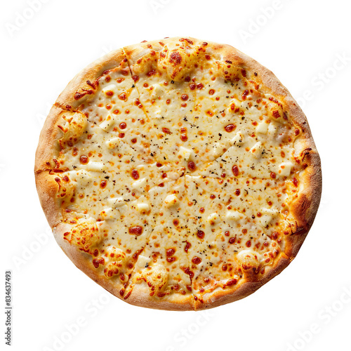 Whole cheese pizza with golden baked crust and melted mozzarella, top view on white background

 photo