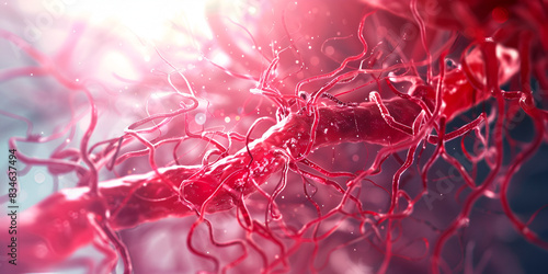 Blood cells flowing through capillaries, showcasing the circulatory system at work.
 photo