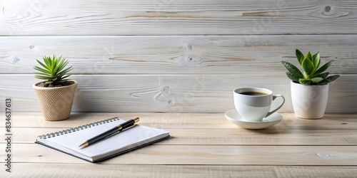 Minimalist desk with potted plant  coffee mugs  and pen on whitewashed wooden background   workspace  desk  office  minimalist  plant  coffee mug  pen  whitewashed  wooden  background  blog