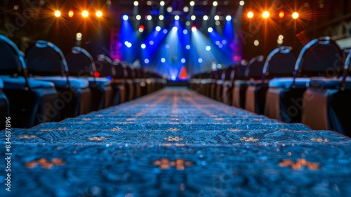  A row of chairs faces a blue-carpeted stage, flanked by lights Opposite is a line of identical blue chairs photo