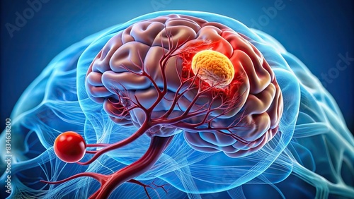 of a brain with a blood clot causing a potential stroke , stroke, blood clot, brain, medical, health, artery, blockage, danger, risk, healthcare, emergency, diagnosis, neurology, thrombosis photo