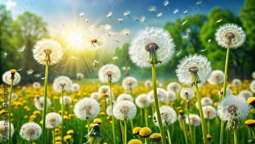 Fresh green dandelion meadow with blowball pollination in the air, perfect for allergy season, dandelion, meadow, blowball, pollination, green, nature, plant, freshness, pollen, seasonal photo