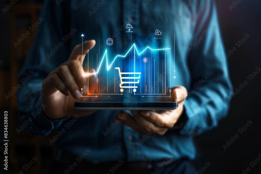 Merchants touch virtual sales growth charts and shopping cart ICONS on transparent screens, use tablets to analyze the performance of markets or online stores, Merchants touch virtual sales growth charts and shopping cart ICONS on transparent screens, use tablets to analyze the performance of markets or online stores,