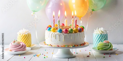 Birthday white cake adorned with colorful candles, cream, and sweets on a light white background with balloons , birthday, cake, candles, celebration, balloons, white, cream, sweets, dessert