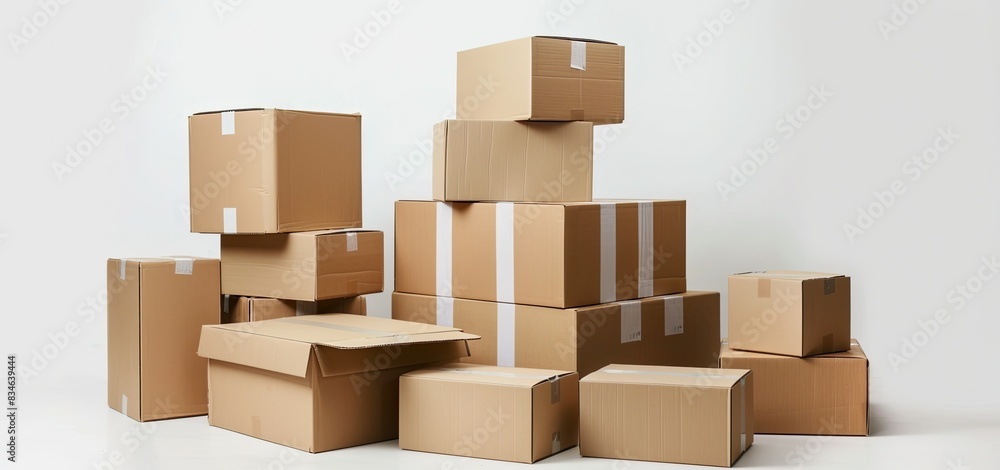 a pile of cardboard boxes, including brown and white boxes, stacked on top of each other against a white wall a pile of cardboard boxes, including brown and white boxes, stacked on top of each other against a white wall