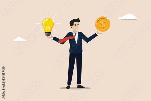 Business idea to make money, innovation or financial planning concept, smart businessman with lightbulb idea in his hand and money dollar on other hand.