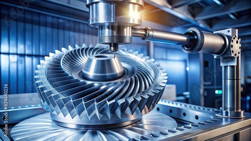 printer creating a metal turbine in a futuristic manufacturing process , printing, metal, turbine, futuristic, technology, additive manufacturing, machine part, industrial, innovation
