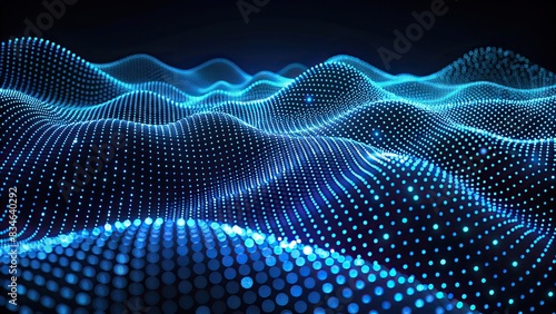 Abstract waves of blue dots on a black background, representing digital ocean of data in a network , technology, digital, data, abstract, network, black background, blue, waves, dots, ocean
