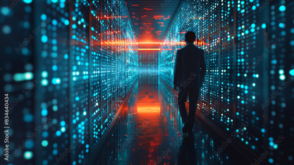 Businessman uses virtual cyber security technologies and online data protection to secure data storage on a global corporate network server. Businessman uses virtual cyber security technologies and online data protection to secure data storage on a global corporate network server.