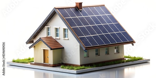 Miniature house model with solar panel on roof on white background. smart home energy saving concept, solar panel, energy efficient, miniature, house, model, smart home
