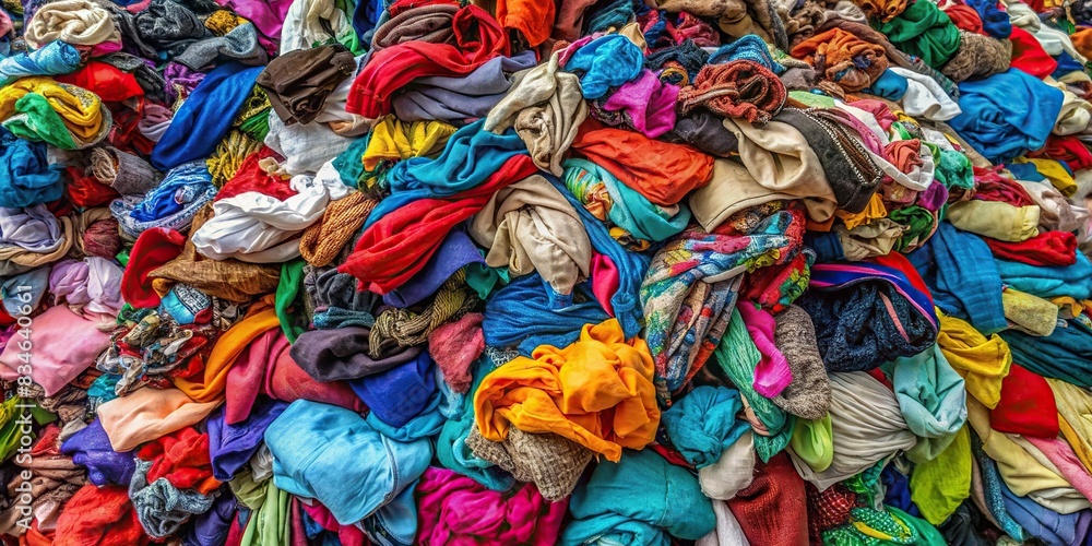 Vibrant pile of recycled textiles in various colors for sustainable fashion , Textiles, Recycled materials, Colorful, Pile, Sustainable fashion, Eco-friendly, Fabric, Textures
