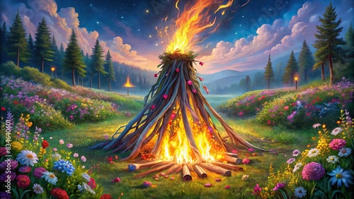 A serene artistic painting of a campfire surrounded by wildflowers and ribbons, representing the tradition of Kupala Night, Slavic, women, dance, campfire, Kupala Night, traditional photo