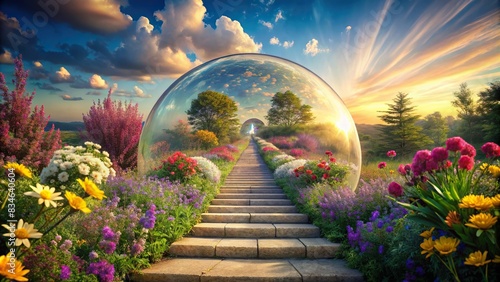 Path to heaven surrounded by blooming flowers in a glass bubble , heaven, path, meadow, flowers, glass bubble, dreamland, psychedelic, journey, afterlife, colorful, tranquil, peaceful #834640604