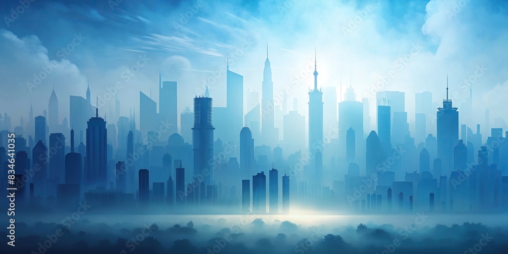 Misty blue silhouette of an urban city skyline , skyline, silhouette, urban, city, misty, blue, architecture, buildings, skyscrapers, dusk, evening, dusk, sky, clouds, cityscape, panoramic