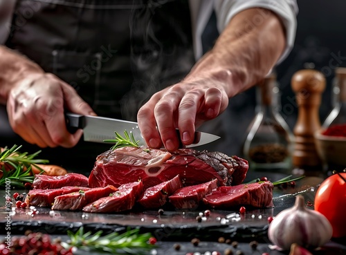 A chef's hands holding and laying down on top of the raw meat with sharp knife