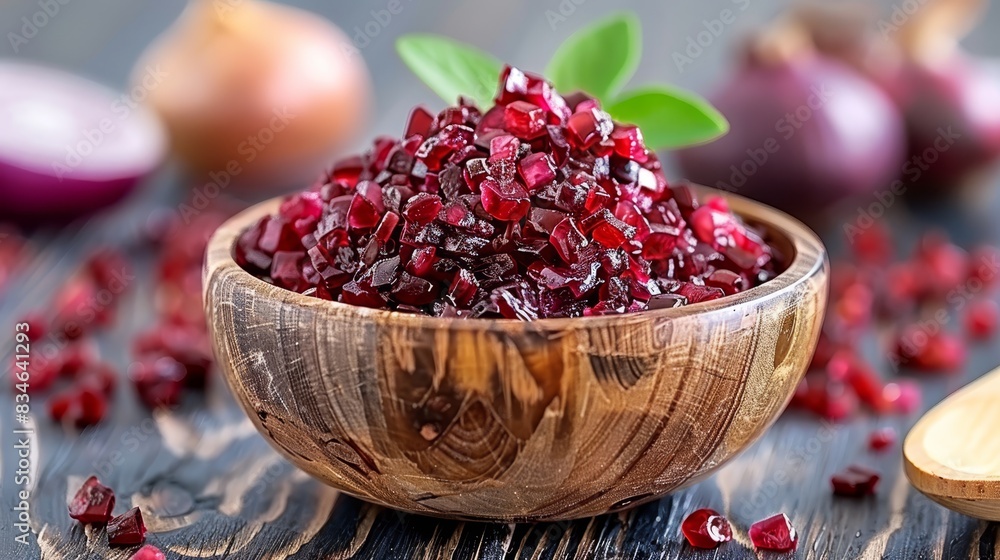 A wooden bowl holds pomegranates One sits atop the table, while another is nearby, a wooden spoon beside it The pomegranate atop the table has A wooden bowl holds pomegranates One sits atop the table, while another is nearby, a wooden spoon beside it The pomegranate atop the table has