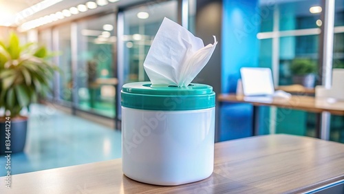 Medicated wipes container on display for surface cleansing & disinfection , disinfectant wipes, sanitation, cleanliness, hygienic, healthcare, prevention, cleaning, antibacterial photo