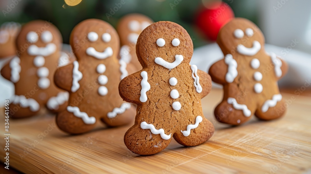 A group of gingerbreads, each adorned with white icing, are arranged on a wooden cutting board In the background, a Christmas tree is visible A group of gingerbreads, each adorned with white icing, are arranged on a wooden cutting board In the background, a Christmas tree is visible
