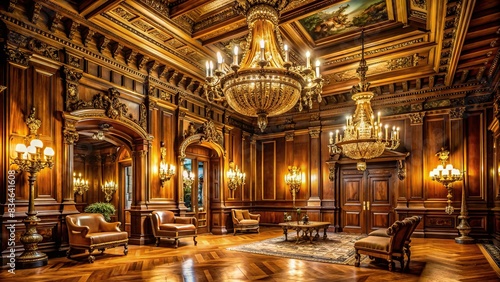 Grand  dimly lit interior with ornate wooden paneling  golden accents  and elegant chandeliers  exuding refined opulence and timeless elegance  luxury  opulence  grandeur  interior design