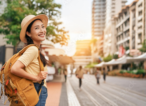 Traveler Asian woman traveling and walking in city.