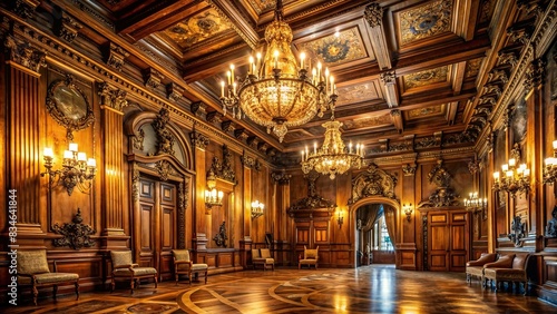 Grand, dimly lit interior with ornate wooden paneling, golden accents, and elegant chandeliers, exuding refined opulence and timeless elegance, luxury, opulence, grandeur, interior design