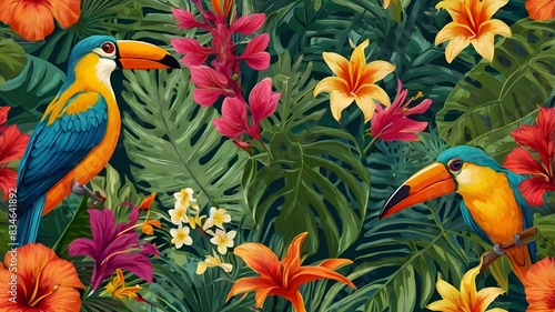 A seamless, tropical pattern with lush, stylized leaves, exotic flowers, and colorful birds, evoking a vibrant, tropical paradise, Lush tropical foliage with vibrant flowers and birds.