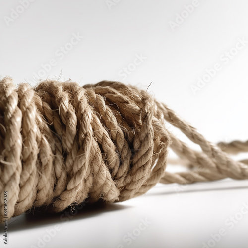 A close up photoshoot of rough twine against a white background