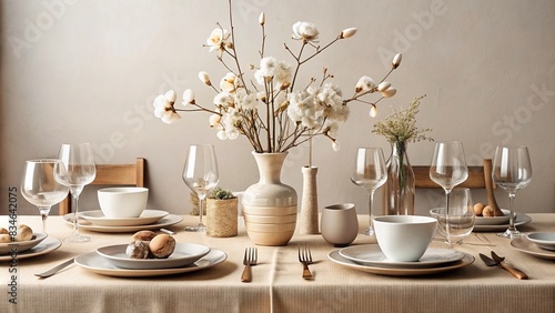 Modern minimalist table setting in neutral beige color with flowers and cotton branch, perfect for a Scandinavian style dining experience , tableware, place setting, top view, decorations