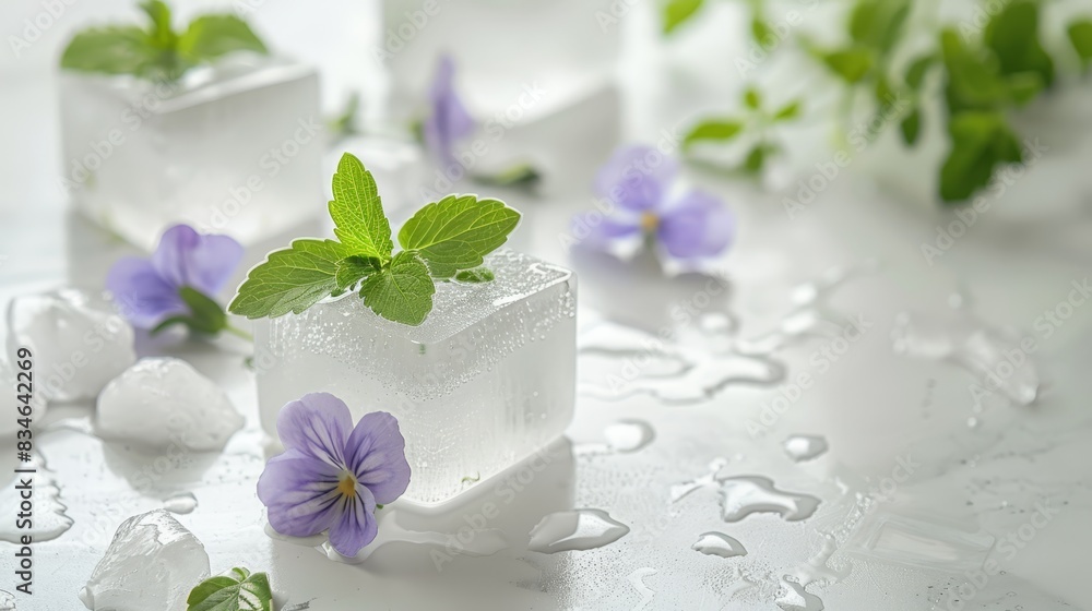 A collection of ice cubes adorned with flowers and mint leaves on a pristine white surface, featuring water droplets and a few ice cubes infused with mint leaves A collection of ice cubes adorned with flowers and mint leaves on a pristine white surface, featuring water droplets and a few ice cubes infused with mint leaves