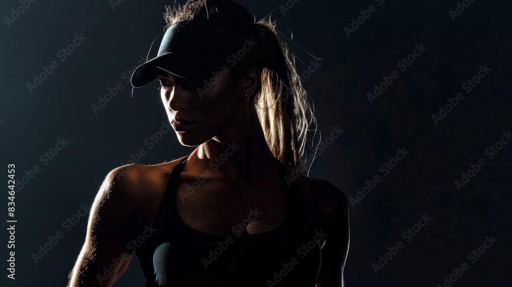 A woman in a black tank top and hat is standing in the dark A woman in a black tank top and hat is standing in the dark