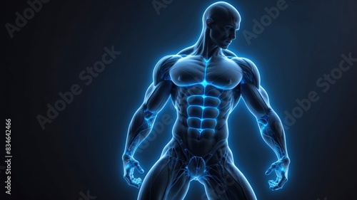 Abstract low wireframe illustration of a flexed male human with triceps, highlighted by blue glowing dots, symbolizing physical power and athleticism