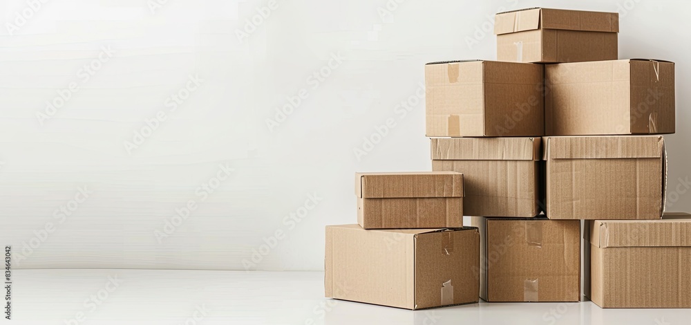 a stack of cardboard boxes, including brown and regular boxes, arranged on a white floor against a white wall a stack of cardboard boxes, including brown and regular boxes, arranged on a white floor against a white wall