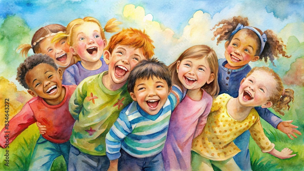 Colorful watercolor painting of diverse group of children playing and laughing together, diversity, children, friendship, emotions, trustworthy, friendly, kind, smiling, cheerful