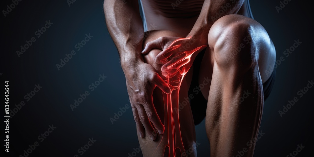 suffering from pain in knee, Injury from workout and osteoarthritis, Tendon problems and Joint inflammation on a dark background suffering from pain in knee, Injury from workout and osteoarthritis, Tendon problems and Joint inflammation on a dark background
