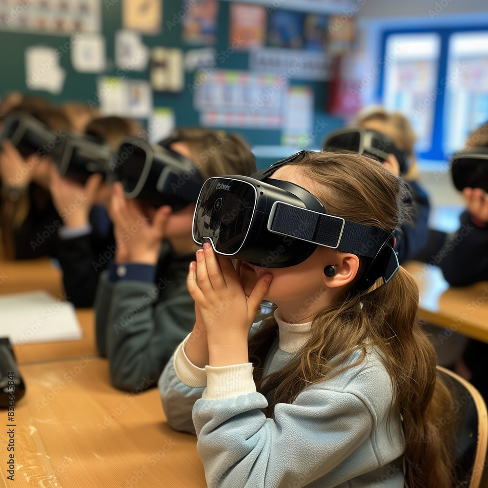 students using VR headsets in a classroom to explore historical events in an immersive way students using VR headsets in a classroom to explore historical events in an immersive way