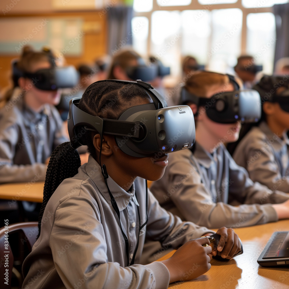students using VR headsets in a classroom to explore historical events in an immersive way students using VR headsets in a classroom to explore historical events in an immersive way