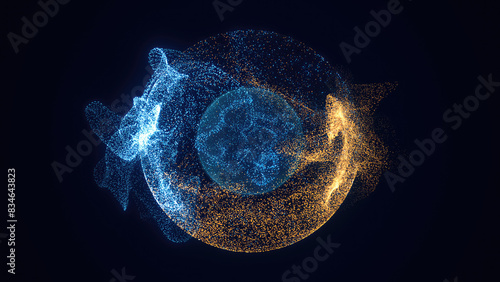 Abstract colored bright glowing background with a sphere core atom energy burning ball circle made of waves of energy rays and plasma with light