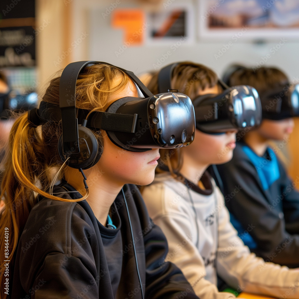 students using VR headsets in a classroom to explore historical events in an immersive way students using VR headsets in a classroom to explore historical events in an immersive way
