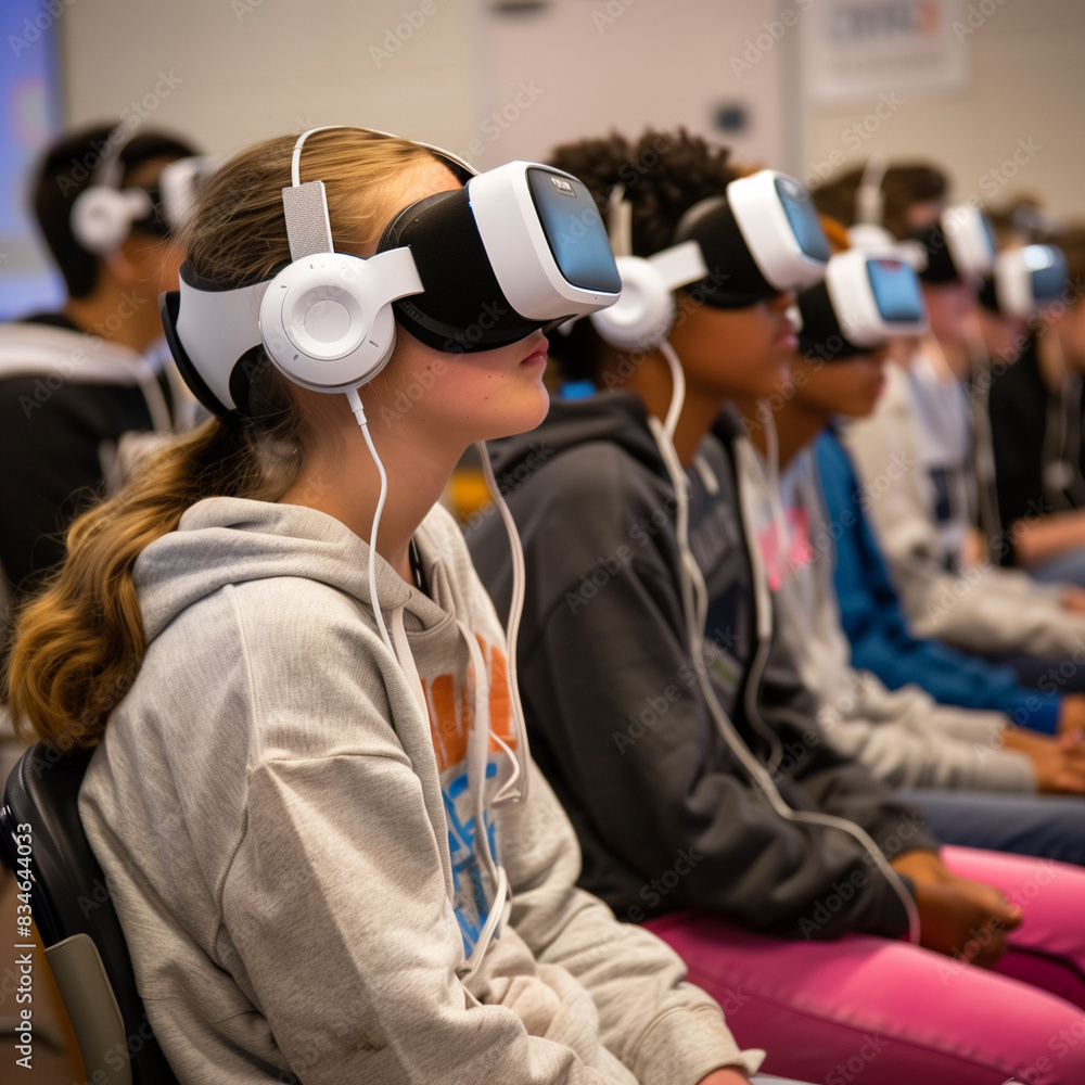 students using VR headsets in a classroom to explore historical events in an immersive way