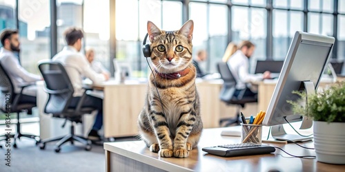 A cute cat sitting at a desk in a busy office call center, answering phone calls and working hard, cat, office, call center, busy, phone calls, working, desk, computer, headset photo