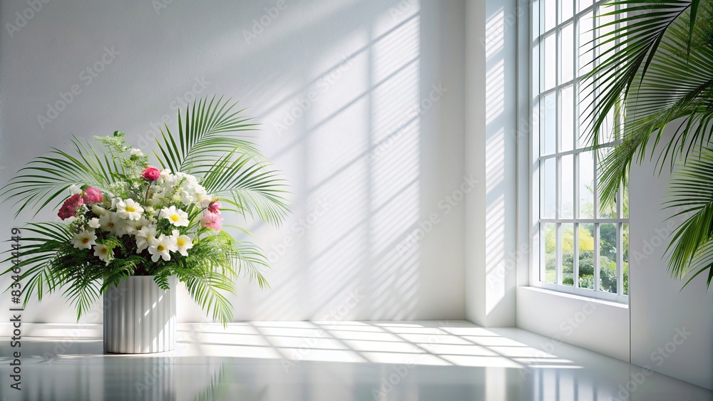 Abstract white studio background with shadows of window, flowers, and ...