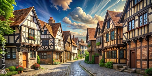 Digital of a charming English Tudor street with half-timbered buildings and a cobbled road , Tudor, street, half-timbered, buildings, cobbled, road, architecture, historical, England photo